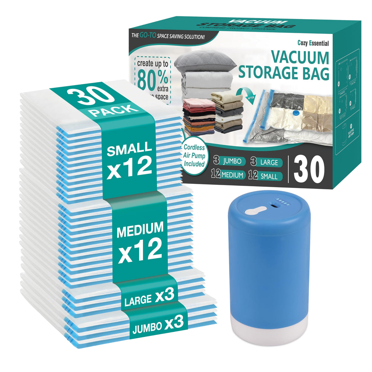 Travel Vacuum Storage Bags with Rechargeable Cordless USB Pump, 30 Combo