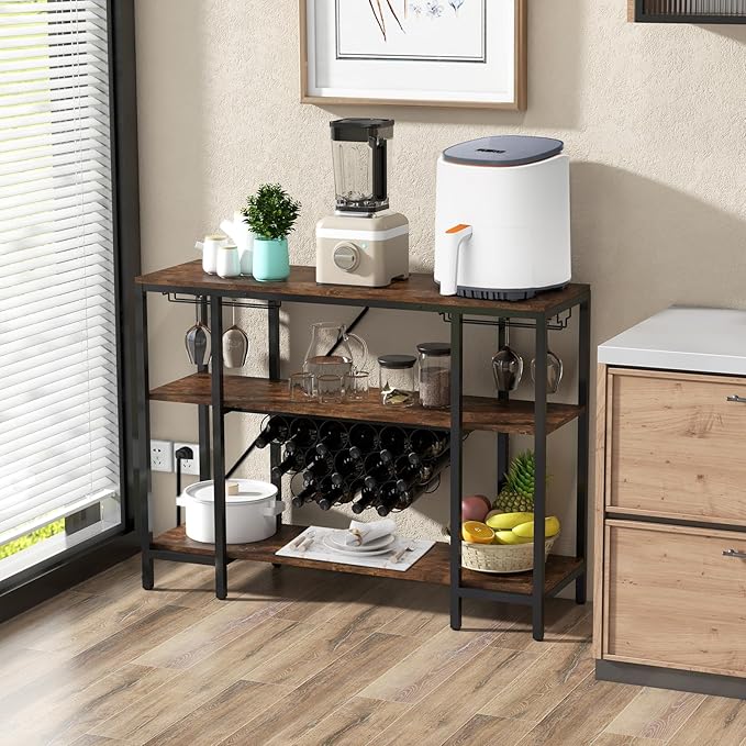 COSTWAY Wine Bar Cabinet, 3-Tier Home Mini Bar for Liquor w/Power Outlets, Glass Holder, Wine Rack, Anti-Tipping Kit, Metal Coffee Bar Table for Home Apartment Kitchen Living Room Pub (Brown)