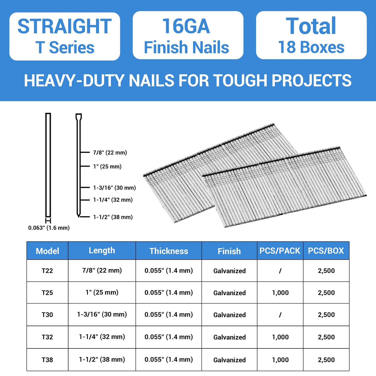 meite 16 Gauge Finish Nails 1-3/16 Inch Galvanized Straight Finish Nails for Pneumatic Cordless Finish Nailer Gun, Small T-Head Trim Nails for Baseboard Crown Molding Cabinet Casing, 1 Case/45000PCS