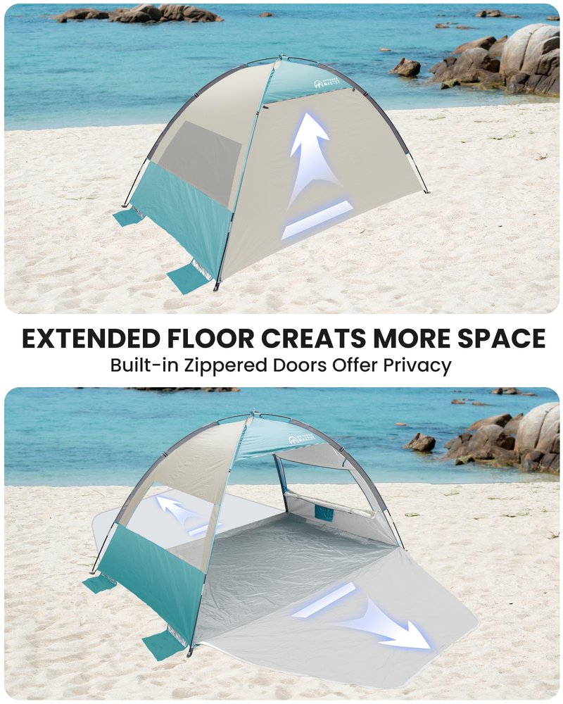 OutdoorMaster Beach Tent Sun Shelter with 2 Ventilated Doors, UPF50+ Easy Setup Beach Tent Canopy for 3 Person, Lightweight & Portable Family Beach Umbrellas for Sand with Carrying Bag-Cancun Seashore