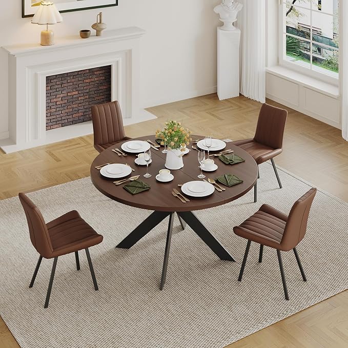 45.3" Walnut Round Dining Table Set with 4 Chairs – Mid-Century Modern Small-Space Kitchen & Dining Room Furniture for Apartment or Breakfast Nook (Walnut – Table + 4 Brown Chairs)
