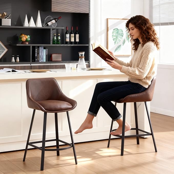 26" Modern Bar Stools Set of 2, Faux Leather Upholstered Bar Stools, Counter Height Bar Chairs with Back for Kitchen, Dining Room, Cafe, Bar - Coffee