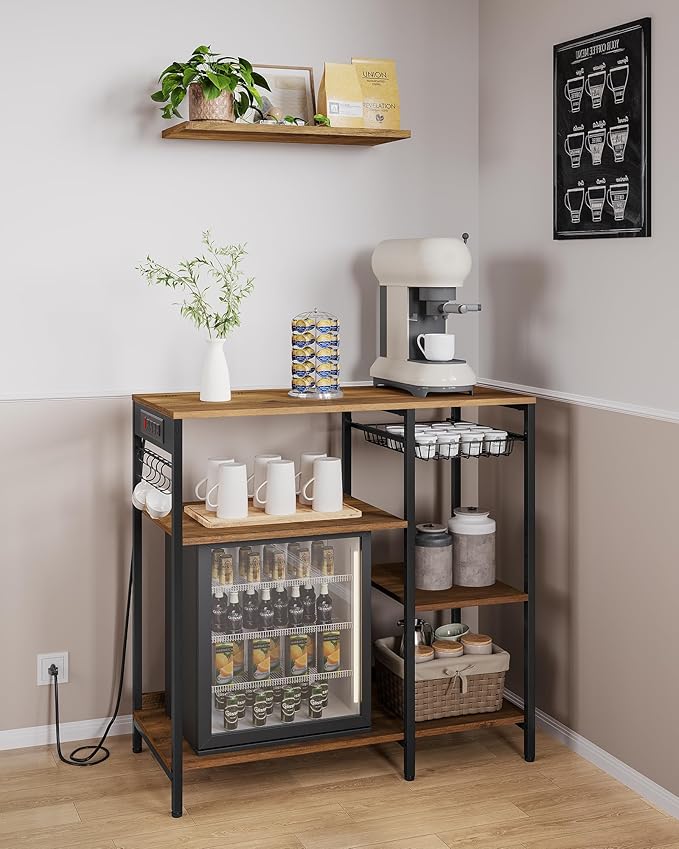 VASAGLE Baker's Rack, Coffee Bar Stand with Charging Station, 35.6 Inches Tall, Storage Shelves, Pull-Out Wire Basket, Table for Microwave, Kitchen, Honey Brown and Ink Black UKKS036K41
