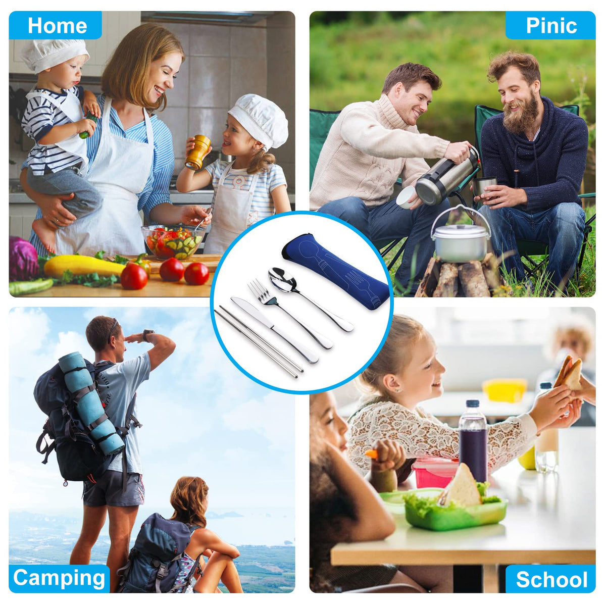 10PCS Portable Silverware Set with Case, Lengnoyp Travel Camping Utensils Set, Premium Stainless Steel Travel Cutlery Set, Reusable Safe Flatware Sets for Lunch Box/Workplace/Students, Silver