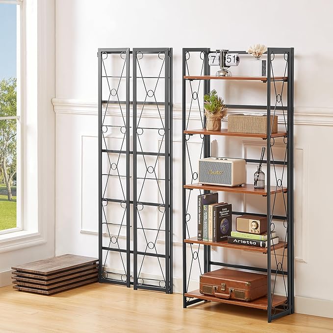 VECELO Folding Bookshelf 5-Tier,Industrial Metal Frame & Wood Shelves,Foldable Bookcase No Assembly Free Standing Storage Organizer for Living Room,Office,Bedroom