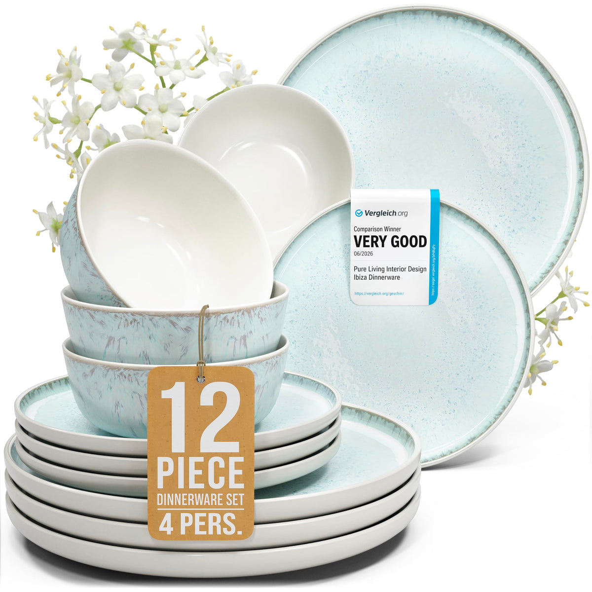 24 Piece Stoneware Dinnerware Set for 8, Handmade Plates and Bowls Set