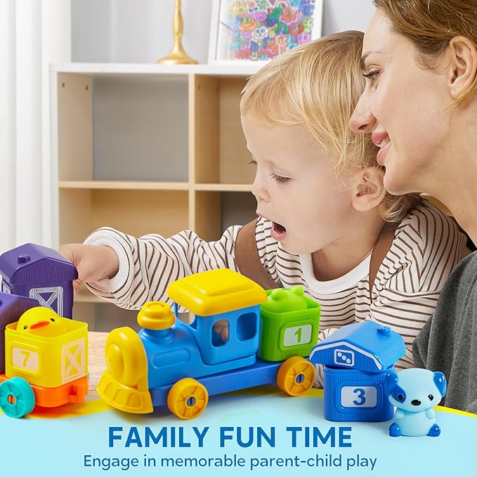 Play-Act Learning Toy for Toddlers 1 2 3 Years Old, Counting, Matching & Sorting Montessori Learning Farm Train Including 9 Farm Animals, Easter Basket Stuffers Birthday Gift for Baby Boys Girls
