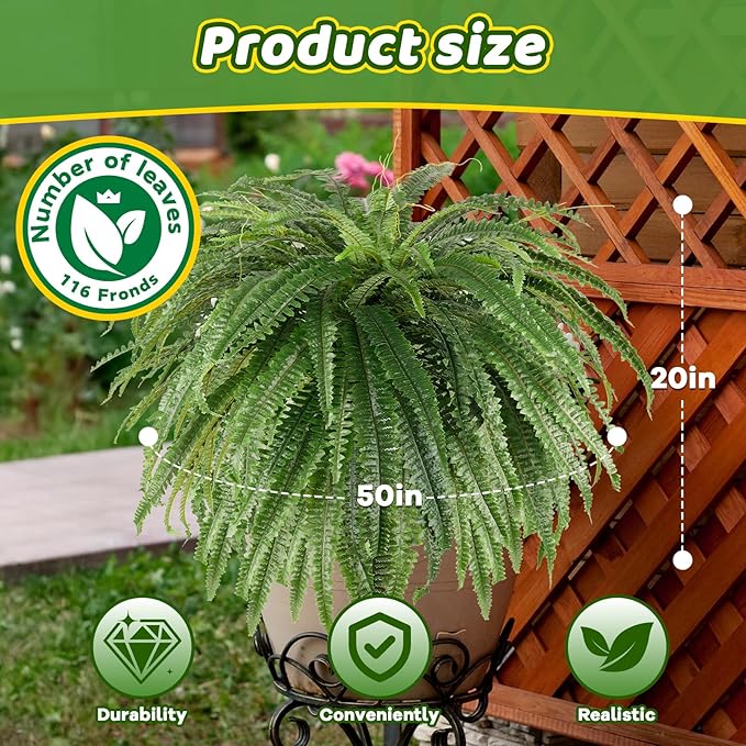 Single Silky 50" Artificial Fern Plant, Large Fake Fern with 116Fronds, Realistic Faux Boston Fern Bush for Outdoors & Indoor, Silk Greenery for Planter, Garden, Office, Home Décor