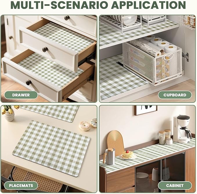 Drawer Liner and Shelf Liner for Kitchen Cabinet Liner Non-Adhesive Non-Slip Shelf Paper, Thick Strong Grip Waterproof Easy to Clean for Shelves, Cupboard, Desks, Green Plaid Pattern, 23.6 in x 20 FT