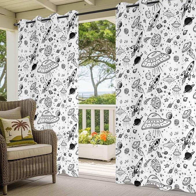 Cartoon Space Outdoor Curtains for Patio Rockets Astronauts Planets Black