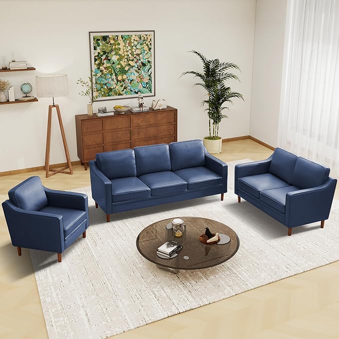 Kingfun Living Room Furniture Sets, 3 Seater Couch, Armchair and Loveseat, Mid Century Modern Sofa Set, Faux Leather Couch with Solid Wood Frame for Living Room & Bedroom, Royal Blue