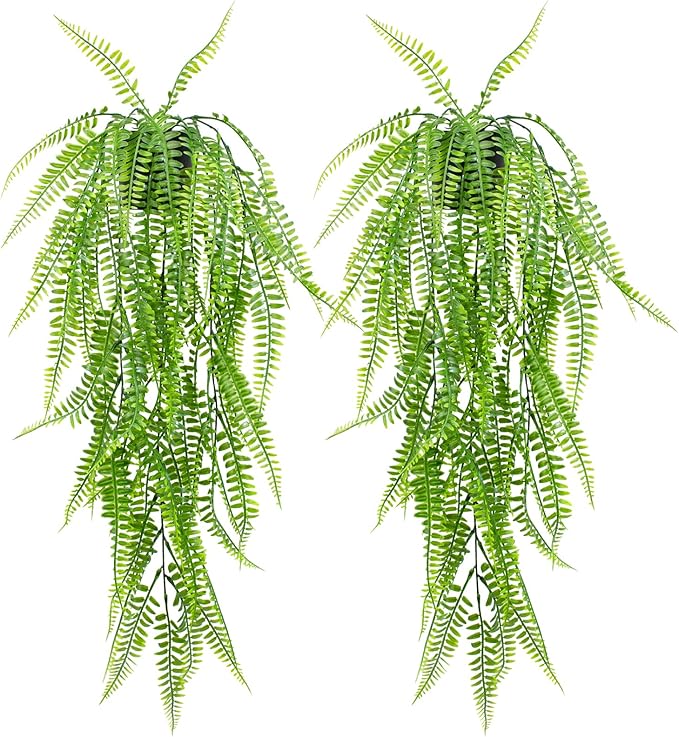LOYWREE 2Pack Small Fake Hanging Plant with Pot, Artificial Potted Fern Plant, 28.7-in Long Faux Hanging Ferns Vine Plant for Shelf Home Office Indoor Outdoor Garden Greenery Decor (Black Pot)
