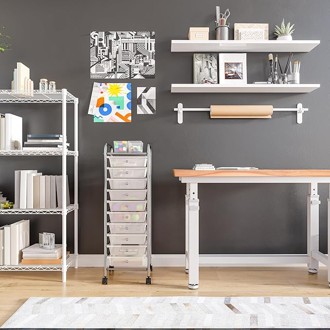Seville Classics Rolling Utility Organizer Storage Cart, for Home Office, School, Classroom, Scrapbook, Hobby, Craft, 10 Drawer, Frost White