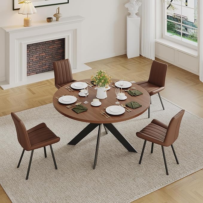 45.3" Walnut Round Dining Table Set with 4 Chairs – Mid-Century Modern Small-Space Kitchen & Dining Room Furniture for Apartment or Breakfast Nook (Boxwood – Table + 4 Brown Chairs)