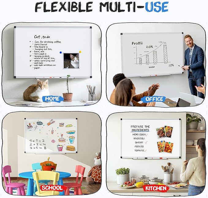 DUMOS Magnetic Whiteboard Kit for Wall 36" x 24", Dry Erase Board with 1 Dry Eraser & 2 Multicolor Markers & 4 Magnetic Pins, Sliver Reinforced Aluminum Frame for Home, School, Office