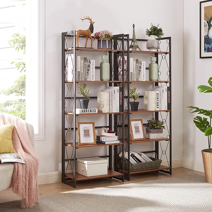 VECELO Folding Bookshelf 5-Tier,Industrial Metal Frame & Wood Shelves,Foldable Bookcase Easy Assembly Free Standing Tall Storage Organizer for Living Room,Office,Bedroom