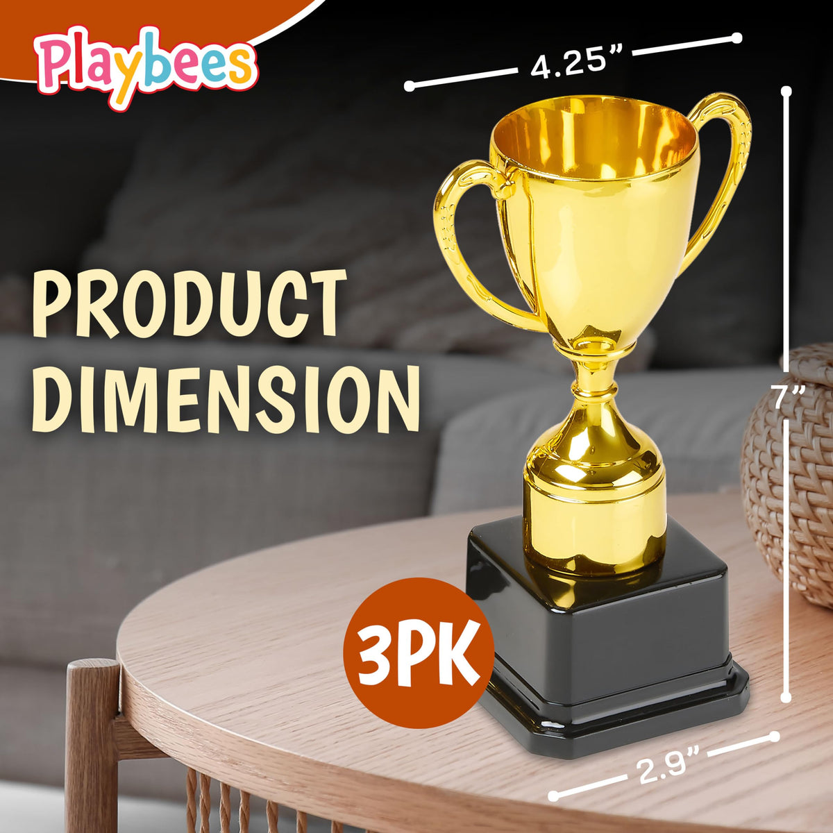 Playbees Fun Gold Plastic Trophies - 3 Pack - 7 Inch - Award Trophy Cup Set for Superstar Kids - Champion Celebrations, Sports Galore, and Victory Vibes - Desktop Toy