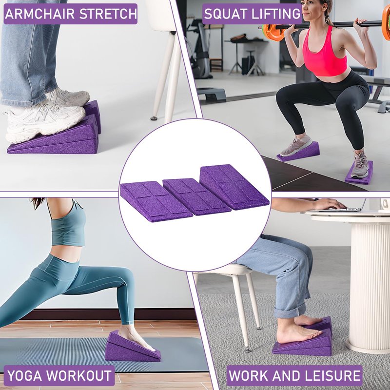 Slant Board Squat Wedge for Calf Stretching，3 Pcs 12" x 6.3" Foot Stretcher Balance Board for Plantar Fasciitis, Adjustable Foam Slant Board Wedge Great for Exercises (Purple)