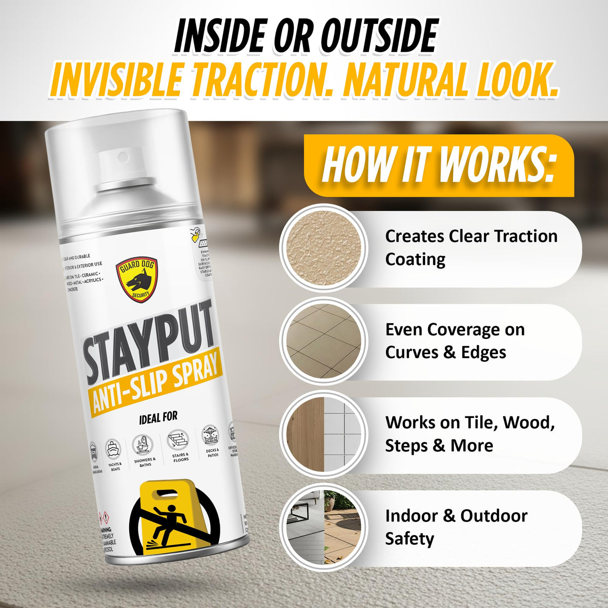 StayPut Anti-Slip Spray 15.2 fl oz (1-pack), Clear Invisible Traction Coating for Tile, Wood, Concrete, Fast-Drying Non-Slip Coating for Shower Floor, Steps, Decks, Pool Areas, Indoor, Outdoor Use (80–120 sq ft Coverage)
