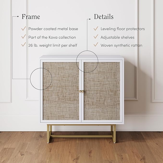 Nathan James Kova Rattan Wood Accent Natural Sideboard Storage Cabinet TV Stand with Matte Metal Frame, Adjustable Shelves and Cane Doors, for Hallway, or Living Room, White/Cane/Brass, Set of 3