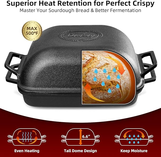 Davivy 9QT Dutch Oven for Sourdough Bread, Non-stick Cast Iron Sourdough Bread Loaf Baking Pan, Large Capacity Cast Iron Loaf Pan, with Silicone Oven Mitts, 12.3" x 9.2", Matte Black