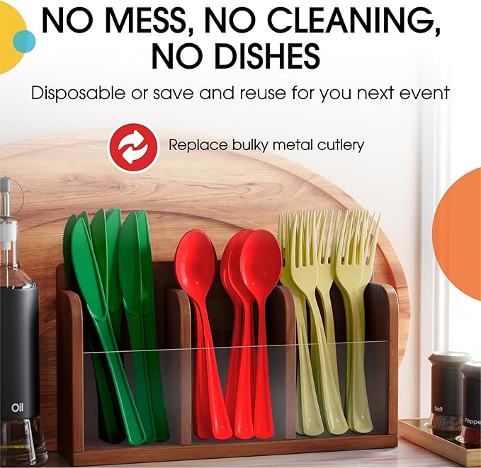 Party Solids Christmas Plastic Silverware 150 Pcs Christmas Cutlery Set