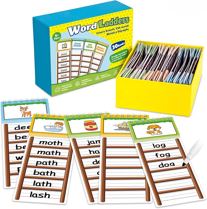 30 Word Ladder Flip Books,Phonics Flash Cards,Word Ladders Word Family Build Book,Sight Words Reading Spelling Games Phonics Flip Books for Kids Classroom Homeschool Preschool Learning Activity