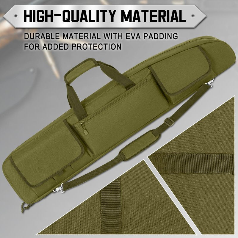 DULCE DOM Double Rifle Case, 38 42 44 inch Soft Gun Tactical Bag for Shooting Range, Movable Divider for 1 or 2 Gears, Multiple Magazine Pouches & Accessory Bags (Green, 42'')