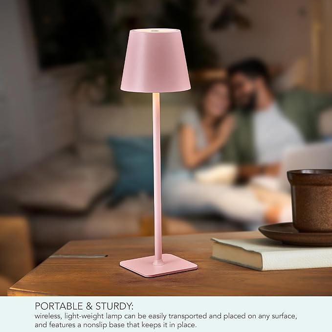 Mikasa LED Cordless Metal Table Lamp, Portable & Rechargeable 5,000 mAh Battery, 3-Color Stepless Dimming, Modern Pink Accent Light for Desk or Nightstand, 4.25 x 4.25 x 14.8 Inches