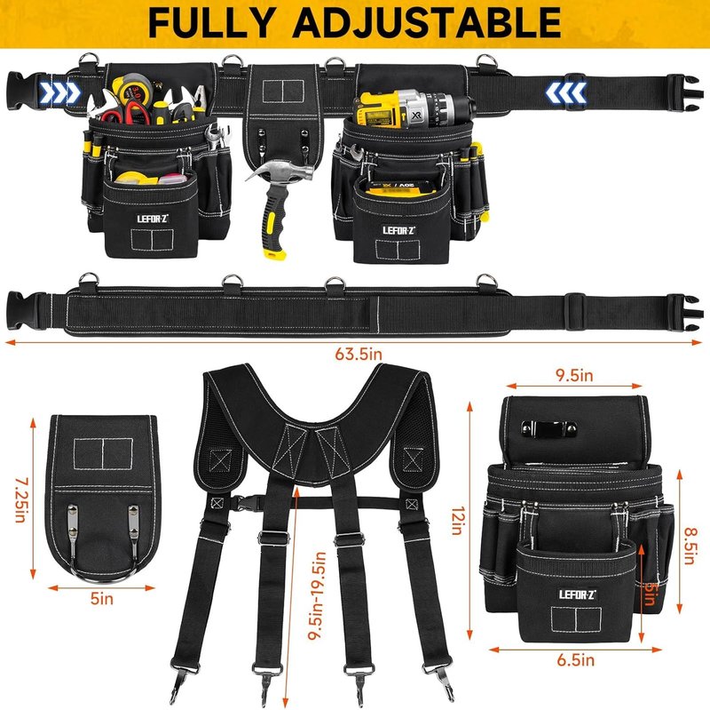 Tool Belt with Suspenders,27-Pockets Heavy Duty Tool Belts for Men with Magnetic Tool Pouch,Detachable & Adjustable Work Belt Bag for Electrician,Carpenter,Construction,Utility Toolbelt,Black