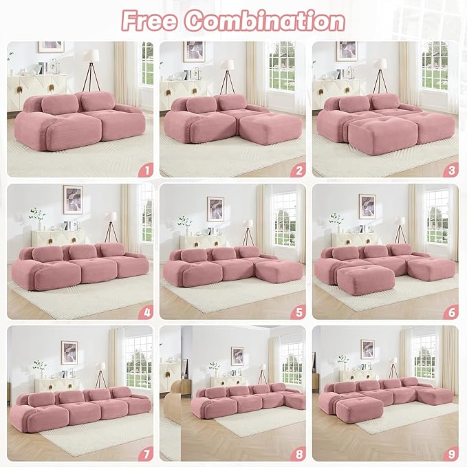 80" Modern Corduroy Boneless Love Seat Couches with 1 Ottoman, 2 Seater Large Sectional Couches for Living Room, Pink Cloud Modular Sectional Sofa, Memory Foam, Extra Deep Loveseat, No Assembly