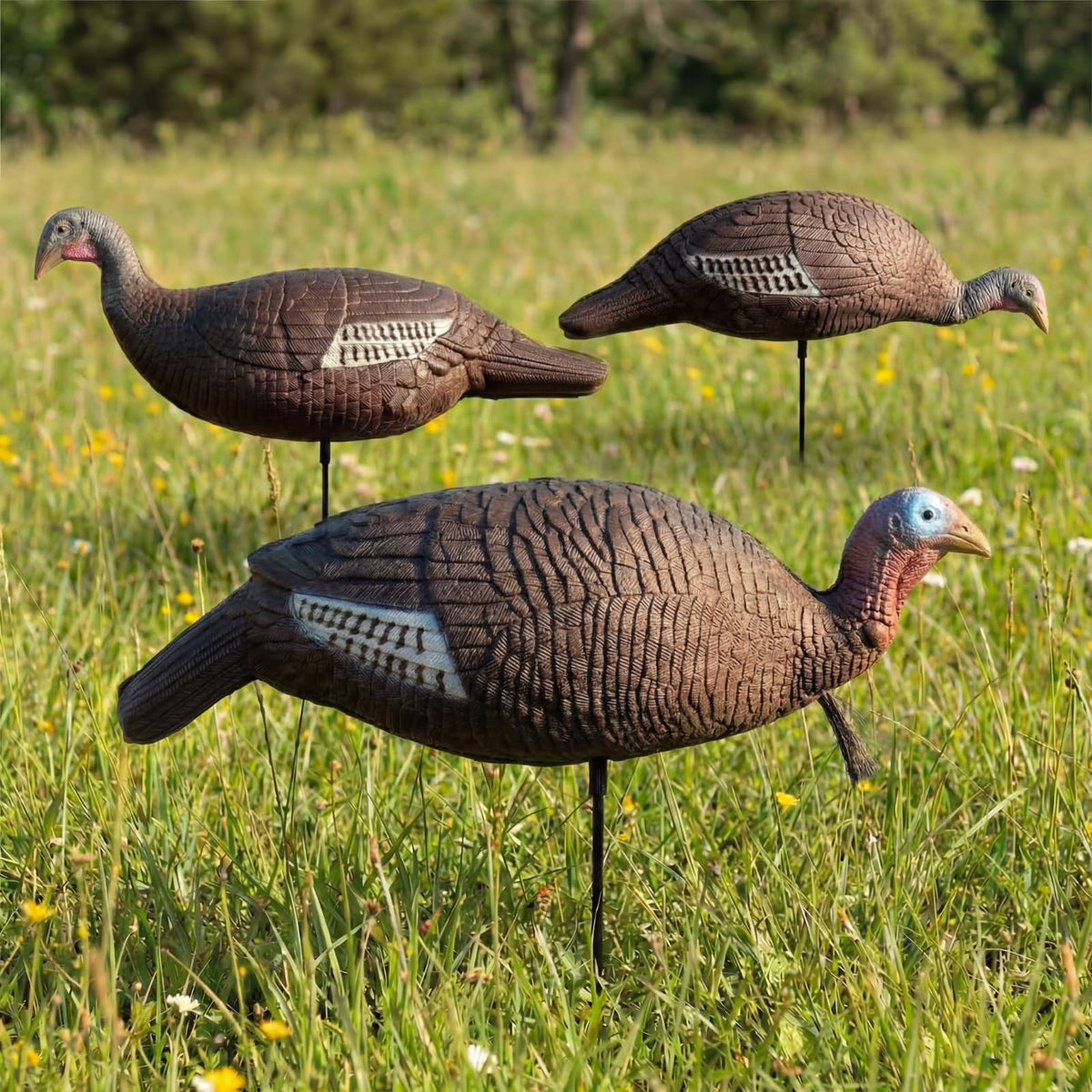 Poen 3 Pack Turkey Decoys Collapsible Hunting Combo Decoy Standing Lifelike Turkey Decoys Realistic Hunting Hen and Jake Decoy with Foldable Stake for Field Forest Wood Ground Outdoor