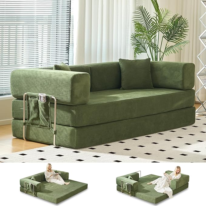 Folding Sofa Bed Convertable Corduroy Couch King Size Floor Sleeper 4-in-1 DIY Combination sofabed Fold Out Futon Lounge Comfy Foldable couches cama for Living Room (Green, 80.15")