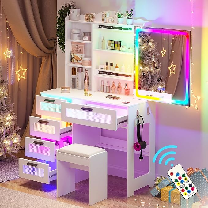 Vanity Desk with Lights and Sliding Mirror, Makeup Vanity Desk with Charging Station, Vanitys Dressing Table with Stool,LED Vanity Set with Large Drawers&Shelves for Bedroom, Decor, White