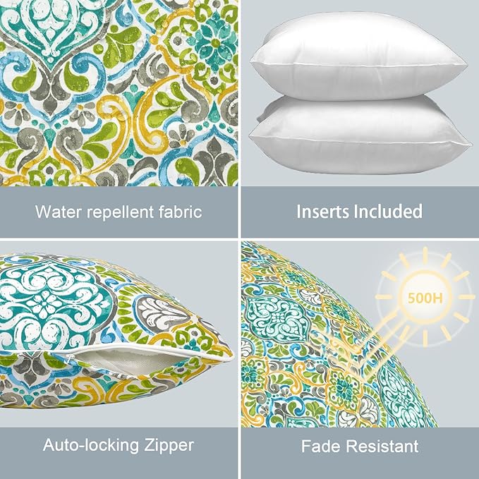 LVTXIII Outdoor/Indoor Throw Pillows, Decorative Patio Accent Pillows, Fluffy Water Repellent Garden Cushions for Home Patio Coach Sofa Use, 20×20 Inch, Pack of 2, Damask Green