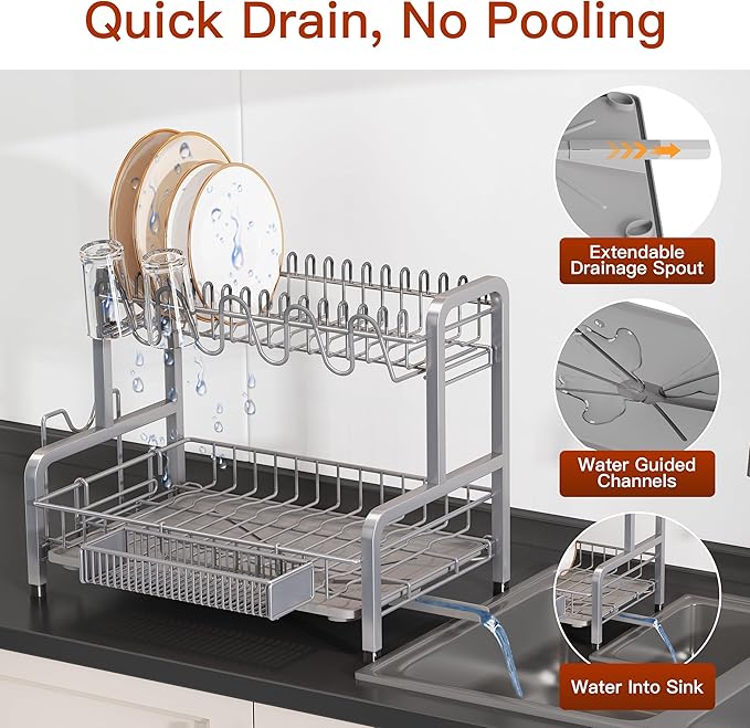 2 Tier Dish Drainer Drying Rack for Kitchen Counter Large Stainless Steel Dishes Drain with Drainboard Set, Space Saving, Big Modern Black Countertop Metal Plate Dryer Strainer Holder and Extra Tray