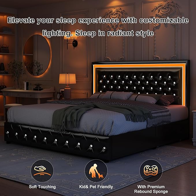 Full Led Bed Frame with 4 Storage Drawers, Bed Frame with Led Lights No Box Spring Needed, 900 lbs Capacity, Easy Assembly, PU Black
