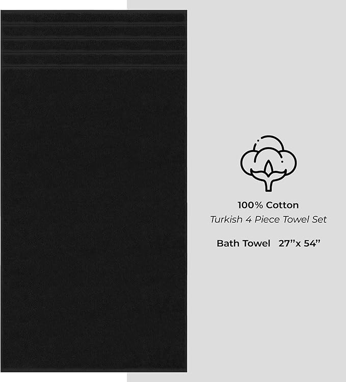 American Soft Linen Luxury 4 Piece Bath Towel Set, 600 GSM 100% Cotton Turkish Bath Towels for Bathroom, 27x54 in Extra Large Bathroom Shower Towels, Black