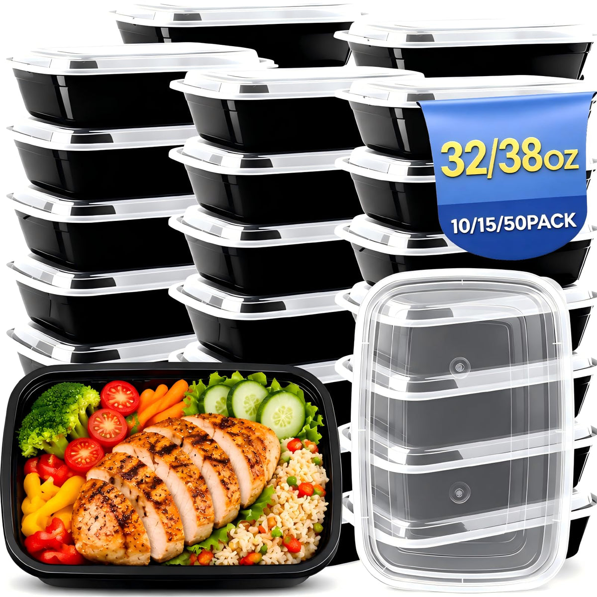 50 Pack 32 oz Meal Prep Containers Reusable BPA Free, Plastic Containers with Lids Microwave/Freezer/Dishwasher Safe, Disposable Food Storage Containers, To Go Containers Leakproof for Leftover