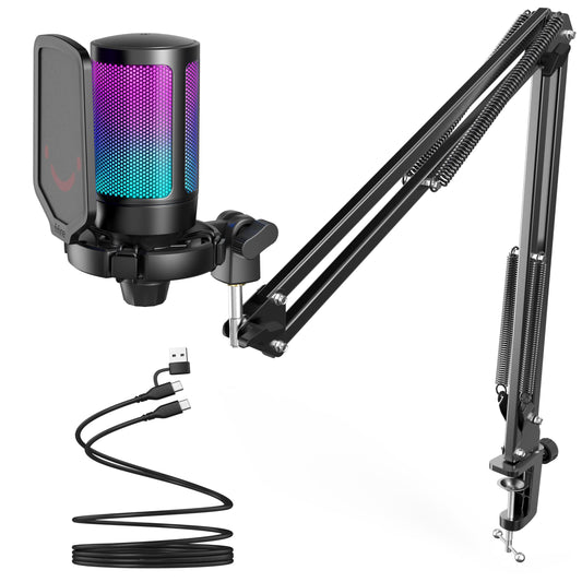 FIFINE Gaming PC USB Microphone, Podcast Condenser Mic with Boom Arm, Pop Filter, Mute Button for Streaming, Twitch, Online Chat, RGB Computer Mic for PC Gamer Youtuber-AmpliGame A6T