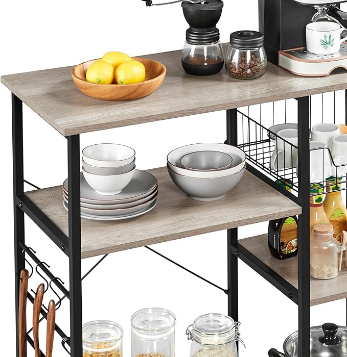 Yaheetech Kitchen Bakers Rack with Wire Basket, Coffee Bar Table Station Microwave Oven Stand Kitchen Utility Storage Shelf with 6 S-Shaped Side Hooks, Metal Frame, 15''D x 35.5''W x 33''H, Gray