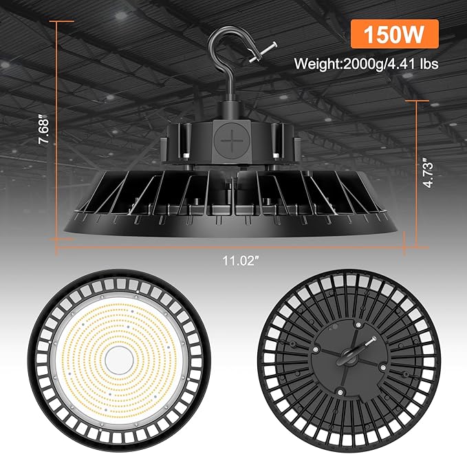 4Pack LED High Bay Lights, 150W UFO High Bay LED Shop Lights, 22500LM Adjustable CCT(5700K 5000K 4500K) & Power(150W 120W 80W), 0-10V Dimmable, 5' Cable Plug, IP65 Waterproof, ETL & DLC Listed