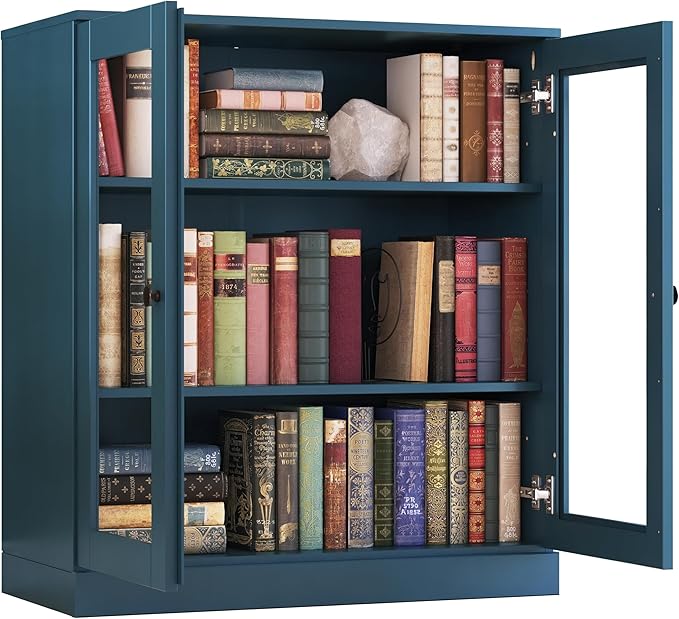Palace Imports Solid Wood Bookcase - Floor Standing Bookshelf - 32” W - Display Furniture, Renewable 100% Eco-Friendly Wood, Made in Brazil (Teal Blue, Clear Glass Doors | 3-Shelf Short Bookcase)