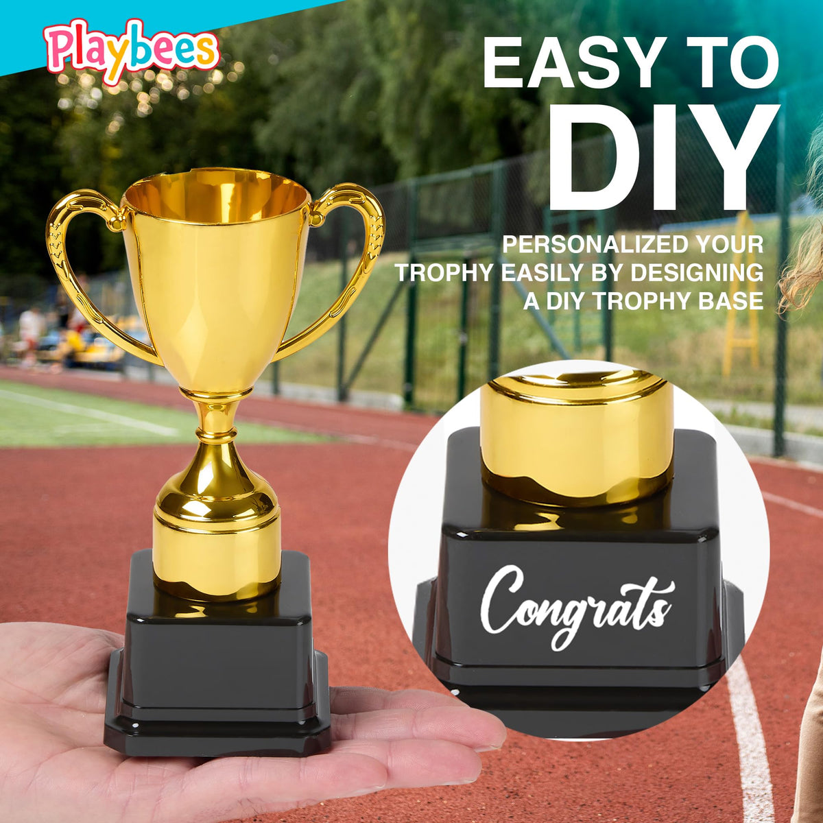 Playbees Fun Gold Plastic Trophies - 3 Pack - 7 Inch - Award Trophy Cup Set for Superstar Kids - Champion Celebrations, Sports Galore, and Victory Vibes - Desktop Toy