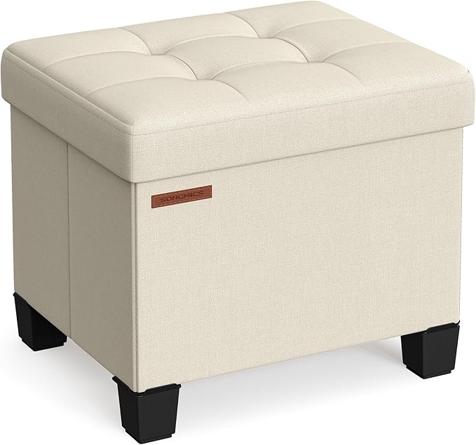 SONGMICS Storage Ottoman, Small Ottoman Foot Rest with Legs, 12.6 x 15.7 x 13.2 Inches Foot Stool, Load up to 660 lb, for Living Room, Bedroom, Dorm, Cream White ULSF012W01