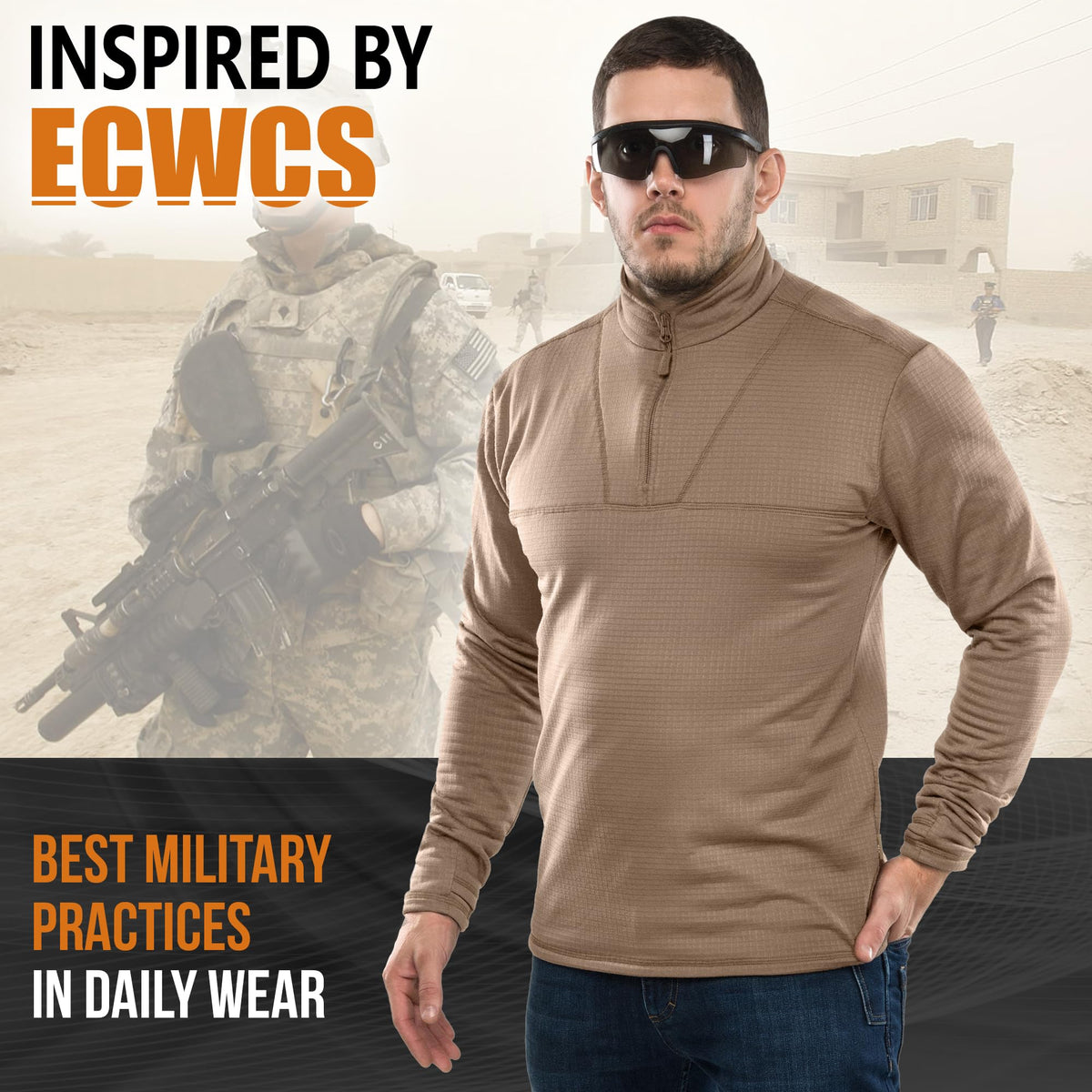 M-Tac Thermal Shirt for Men – Grid Fleece Lined Base Layer Compression Top for Cold Weather ECWCS Delta Level 2 Coyote Brown