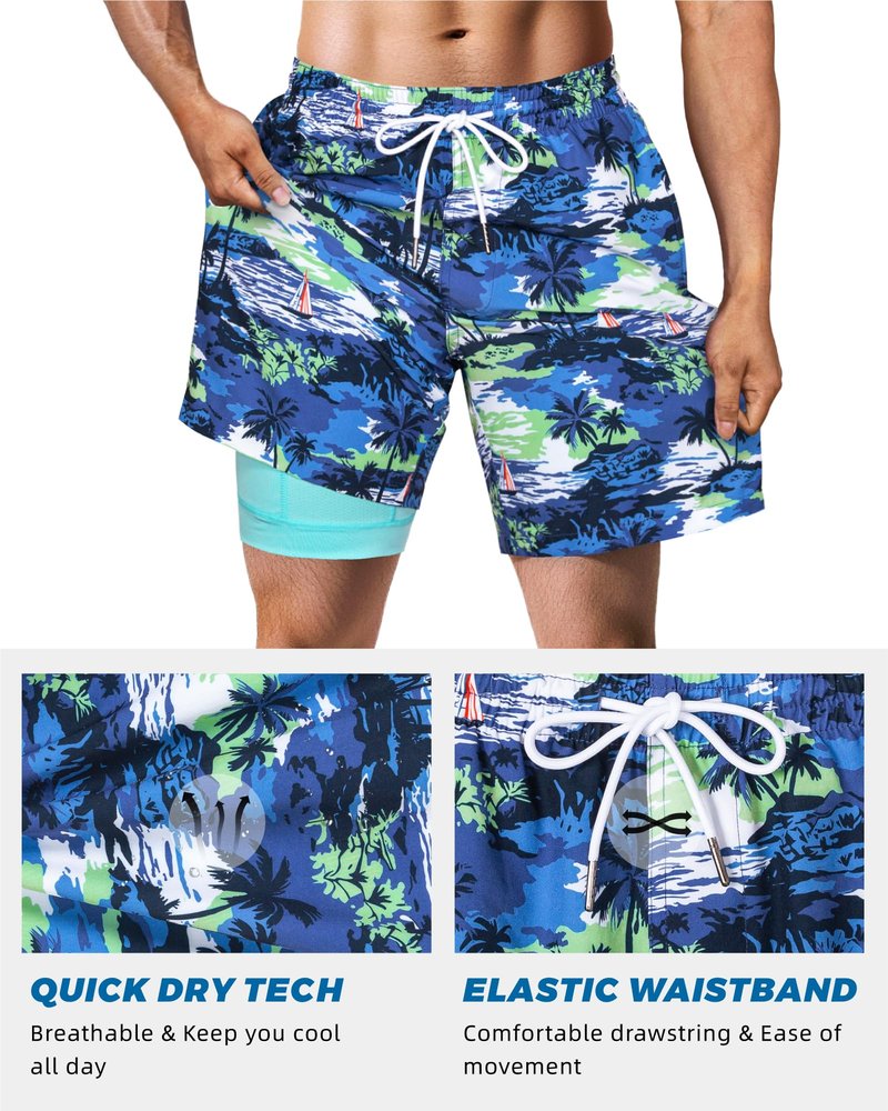 SURF CUZ Mens Swim Trunks with Compression Liner Quick Dry Swim Shorts 7" Swimming Trunks Stretch Bathing Suit 7 Inch,Blue Sea,L