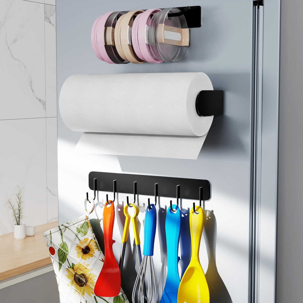 3 Packs Magnetic Kitchen Organizer & Magnetic Utensil Holder - Hanging Hooks &Paper Towel Holder & Tumbler Lid Organizer, Fridge Magnet Organizer Metal Black