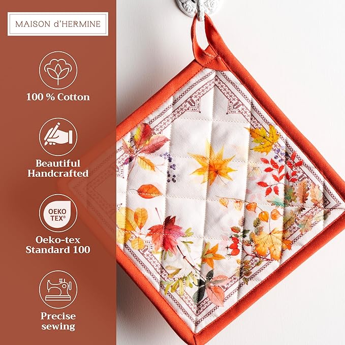 Maison d' Hermine Pot Holders 100% Cotton Heat Resistant Potholders 8" x 8" Hot Pads with Loop for Thanksgiving Christmas Decorations BBQ Cooking Baking Handling Hot Pans (Pack of 1, Amarante)