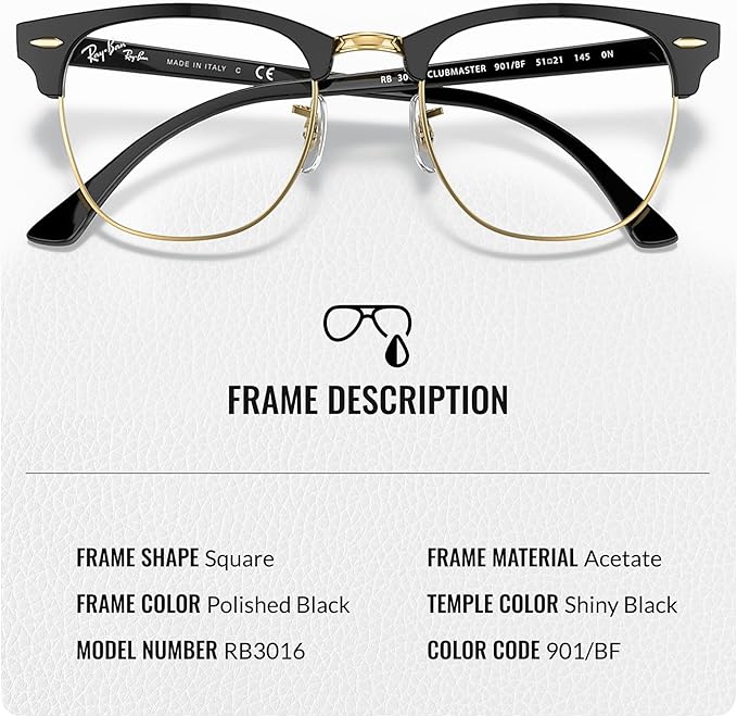 Ray-Ban RB3016 CLUBMASTER BLUE-VIOLET LIGHT CLEAR Square Shaped Sunglasses for Men & Women with Official RAYBAN Eyewear Kit